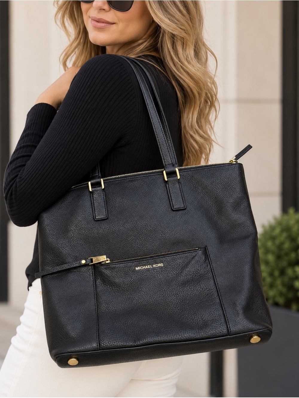 Michael Kors Black Pebbled Leather Tote Bag Large Gold Hardware Zip Top